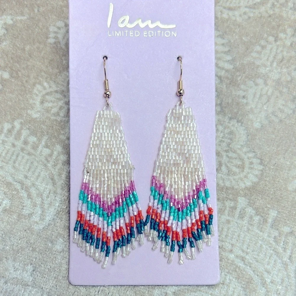 Brand New I Am Colorful Lightweight Glass Seed Beaded Drop Earrings Tribal Aztec